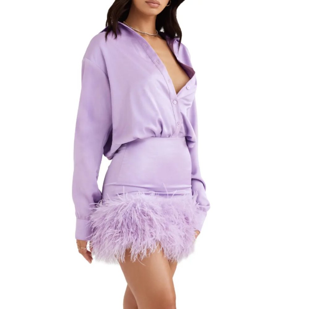 House of CB Tyra Feather Trip Long Sleeve Satin Shirtdress in Orchid - Picture 2 of 10